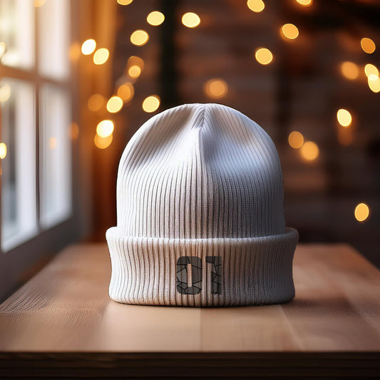 01 Number Cuffed Beanie (White)