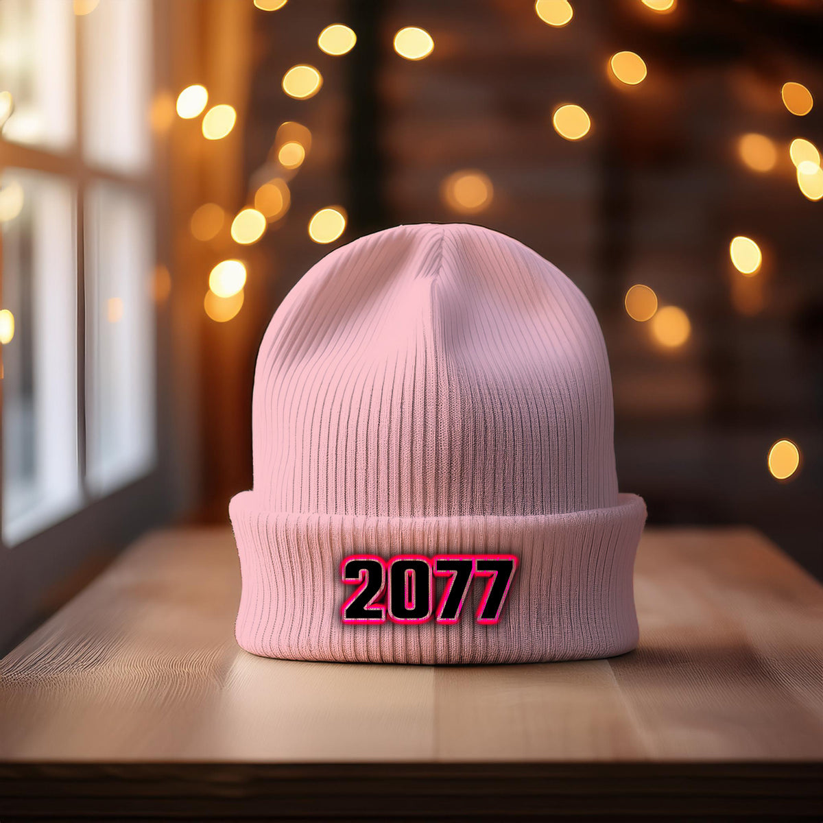 2077 Year Cuffed Beanie (Baby Pink)