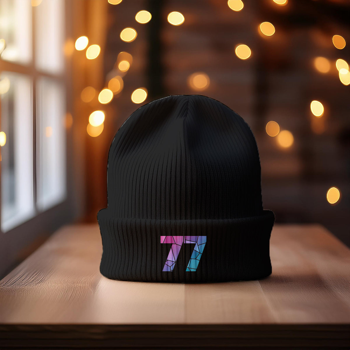 77 Number Cuffed Beanie (Black)